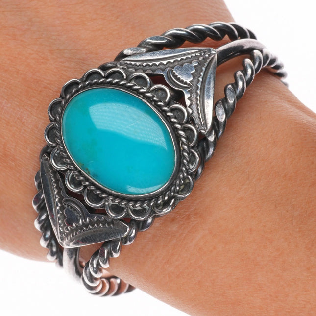 6.5" 40's-50's Navajo Gem Silica sterling silver stamped cuff bracelet