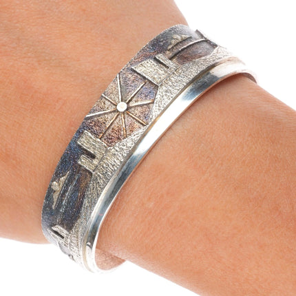 6.35" Ric Charlie Navajo Tufa Cast sterling silver storyteller cuff bracelet