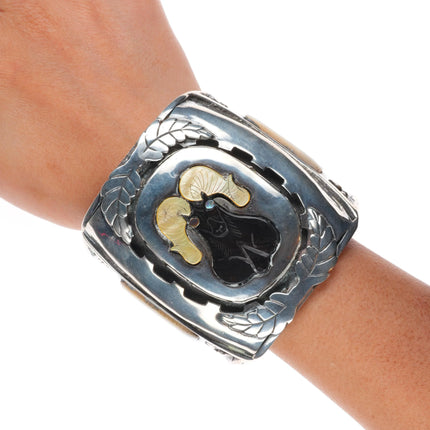 7.5" Huge J Quam Zuni Vintage Bighorn Sheep sterling silver inlay cuff bracelet