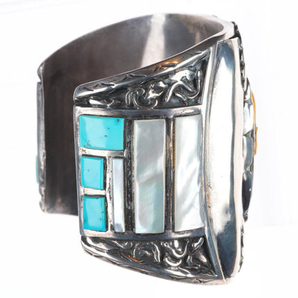 7.5" Huge J Quam Zuni Vintage Bighorn Sheep sterling silver inlay cuff bracelet