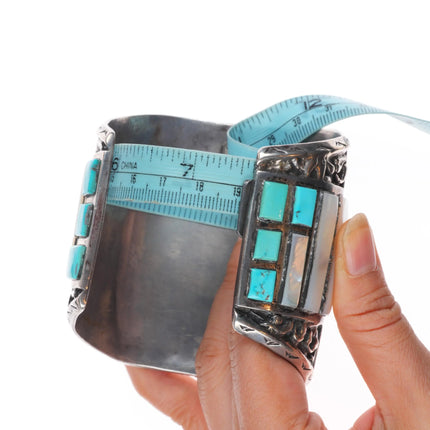 7.5" Huge J Quam Zuni Vintage Bighorn Sheep sterling silver inlay cuff bracelet