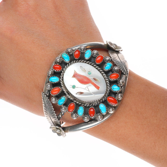6.4" Mary Matt Navajo sterling silver turquoise/coral redbird cuff bracelet
