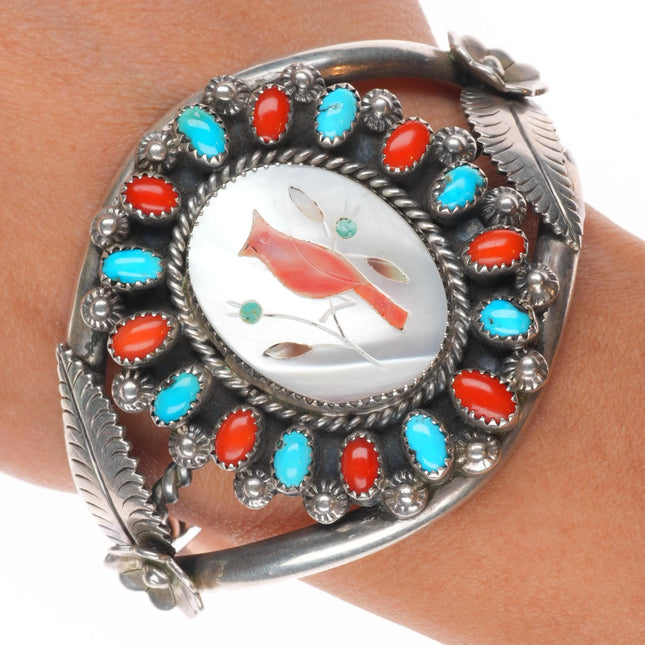 6.4" Mary Matt Navajo sterling silver turquoise/coral redbird cuff bracelet