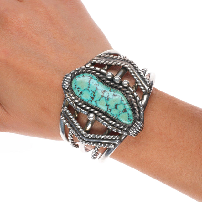 6.4" Mary Matt Navajo sterling silver spiderweb turquoise cuff bracelet