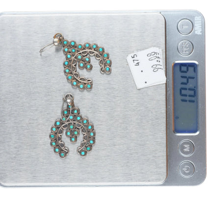 Vintage Zuni sterling silver snake eye turquoise Naja form dangle earrings