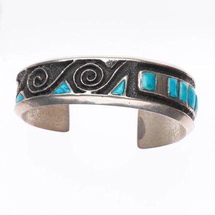 6" Preston Monongye Hopi Tufa Cast sterling silver turquoise inlay cuff bracelet