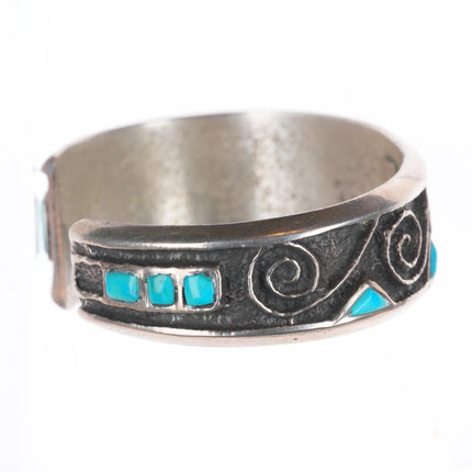 6" Preston Monongye Hopi Tufa Cast sterling silver turquoise inlay cuff bracelet