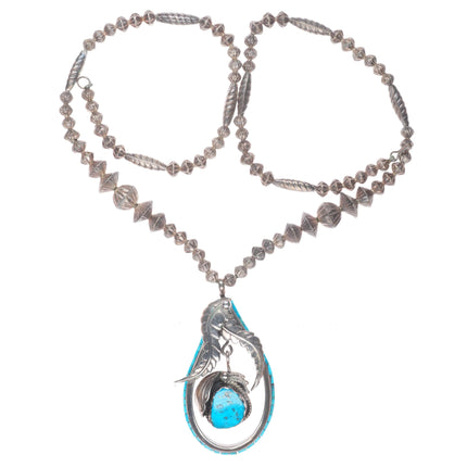 Les Baker Shop Vintage Navajo sterling silver turquoise pendant necklace heishi