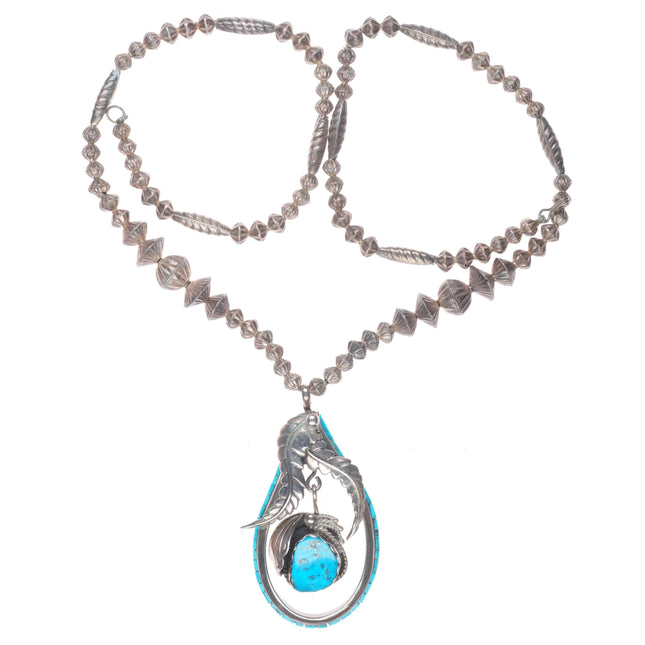Les Baker Shop Vintage Navajo sterling silver turquoise pendant necklace heishi