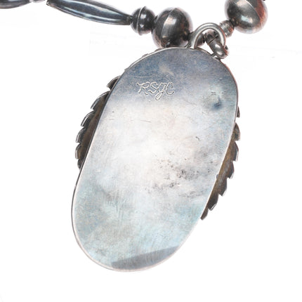 Large Vintage Navajo RSJC Sterling feathers/turquoise pendant/beaded necklace