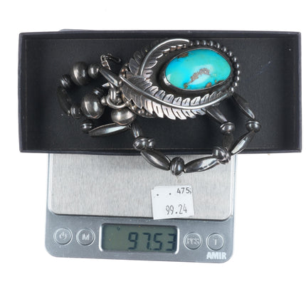 Large Vintage Navajo RSJC Sterling feathers/turquoise pendant/beaded necklace