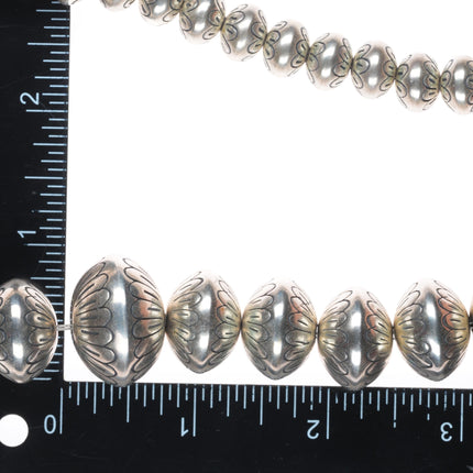 31.5" Heavy vintage hand stamped Navajo pearls sterling silver beaded necklace