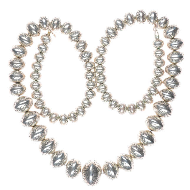 31.5" Heavy vintage hand stamped Navajo pearls sterling silver beaded necklace