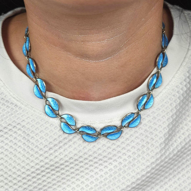 16" David Anersen Norway Sterling silver blue enamel leaf for modernist necklace