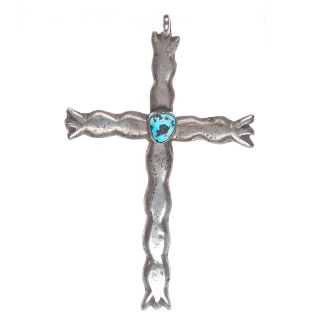Big vintage Navajo sterling silver rippled cross with turquoise