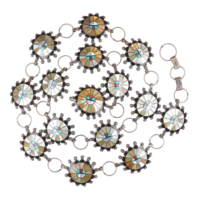 38" Abel Soseeah Zuni sterling silver, turquoise, coral, shell link concho belt