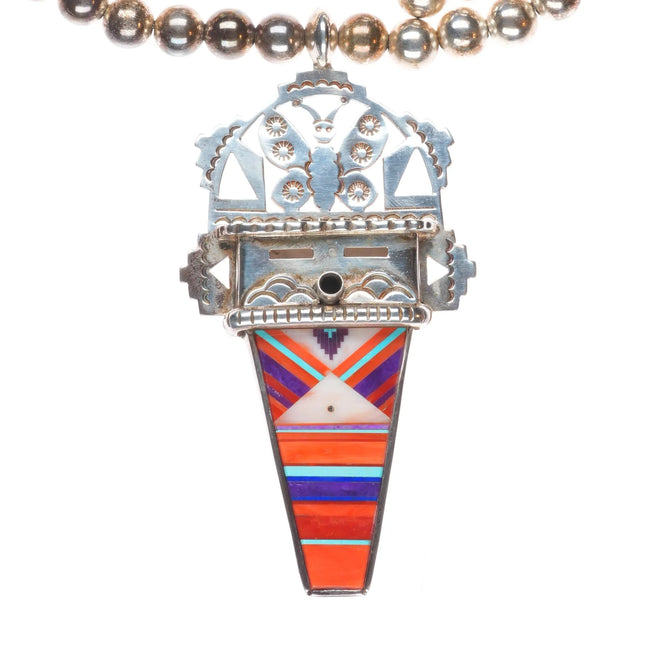Michael Horse-Yaqui Sterling silver inlay Kachina pendant beaded necklace