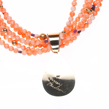 Herman Vandever Navajo 14k gold coral/sugilte beaded necklace/pendant