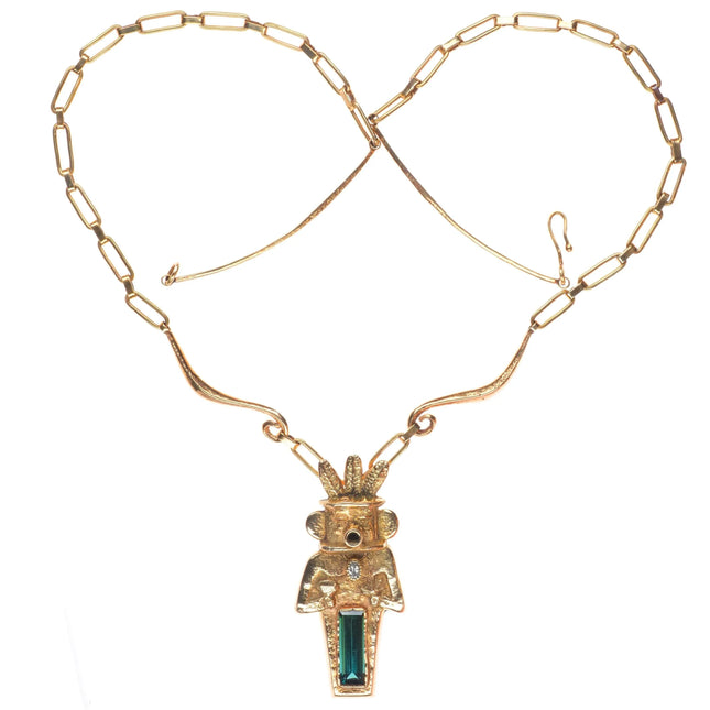 Michael Horse-Yaqui Tourmaline, diamond, 14k gold kachina pendant necklace