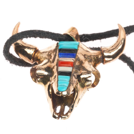 Michael Horse-Yaqui 14k gold, corn row turquoise/coral bull skull pendant