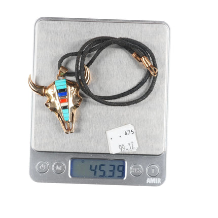 Michael Horse-Yaqui 14k gold, corn row turquoise/coral bull skull pendant