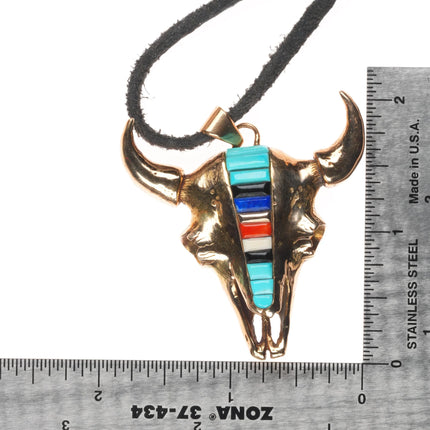 Michael Horse-Yaqui 14k gold, corn row turquoise/coral bull skull pendant