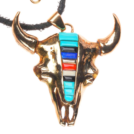 Michael Horse-Yaqui 14k gold, corn row turquoise/coral bull skull pendant