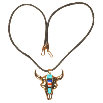Michael Horse-Yaqui 14k gold, corn row turquoise/coral bull skull pendant