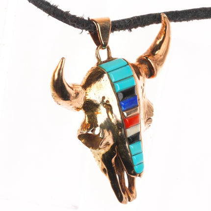 Michael Horse-Yaqui 14k gold, corn row turquoise/coral bull skull pendant