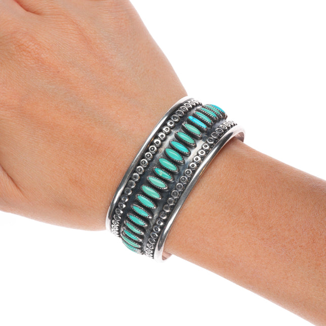 6.5" Vintage Navajo/Zuni sterling silver turquoise needlepoint row cuff bracelet