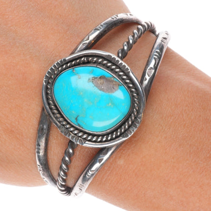 6.5" Vintage Navajo sterling silver 1 stone twisted wire bezel cuff bracelet