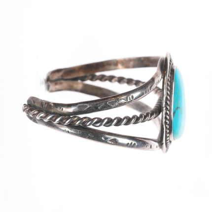 6.5" Vintage Navajo sterling silver 1 stone twisted wire bezel cuff bracelet