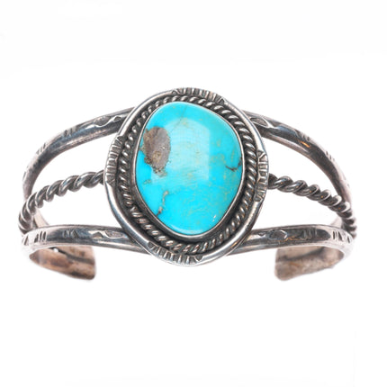 6.5" Vintage Navajo sterling silver 1 stone twisted wire bezel cuff bracelet