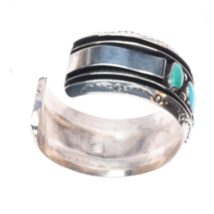 6.4" Vintage Navajo sterling silver freeform turquoise row cuff bracelet