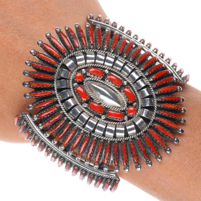 6.6" Vintage Zuni sterling silver Mediterranean coral needlepoint cuff bracelet