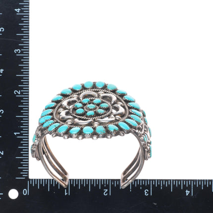 6.75" 1950s Ondelacy family Zuni sterling silver turquoise cluster cuff bracelet
