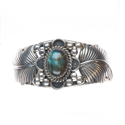6.6" Vintage Labradorite Navajo sterling silver T feather design cuff bracelet