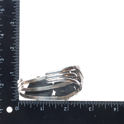 6.6" Vintage Labradorite Navajo sterling silver T feather design cuff bracelet