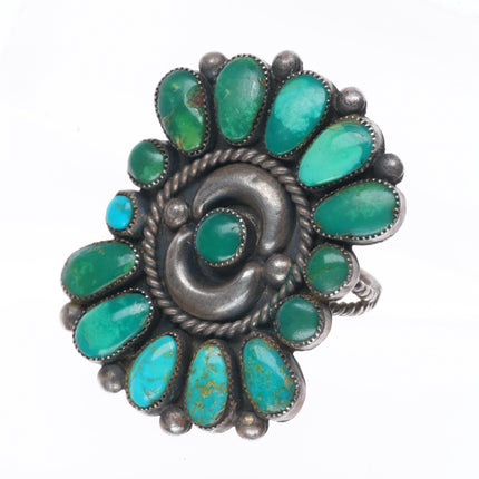 sz9 c1950's Zuni Ondelacy Family green turquoise cluster sterling silver ring