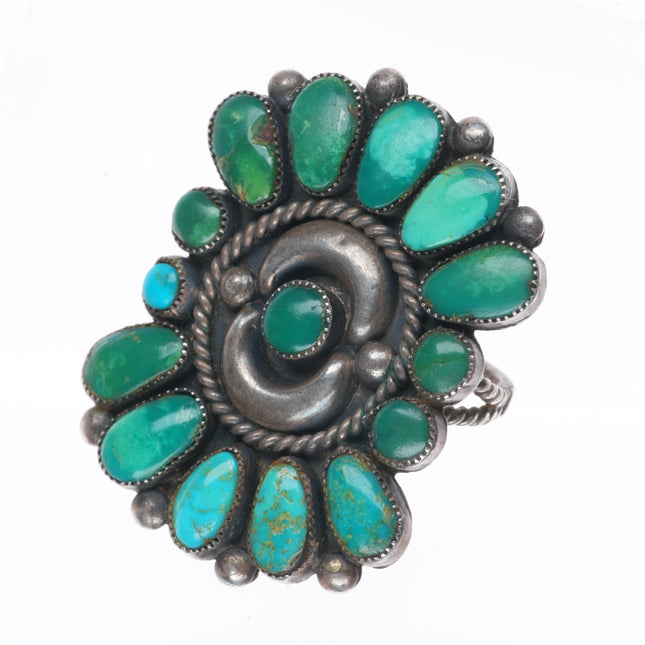 sz9 c1950's Zuni Ondelacy Family green turquoise cluster sterling silver ring