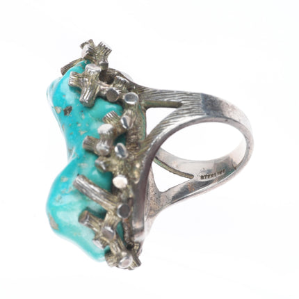 sz7 Vintage Southwestern modernist sterling silver brutalist turquoise ring
