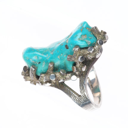 sz7 Vintage Southwestern modernist sterling silver brutalist turquoise ring