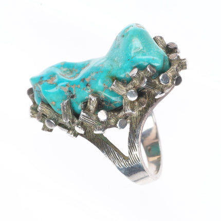 sz7 Vintage Southwestern modernist sterling silver brutalist turquoise ring