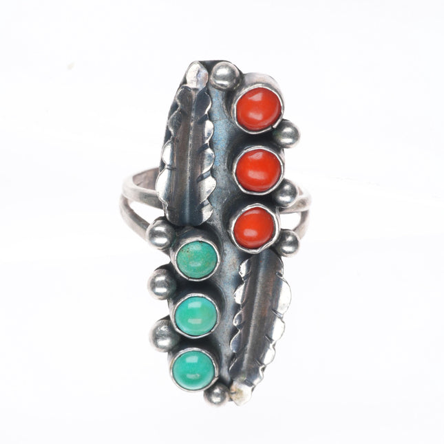 sz7 Vintage Navajo sterling silver snake eye turquoise/coral feather ring