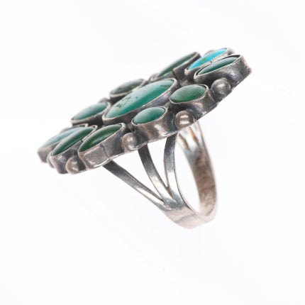 sz9.5 30's-40's Zuni sterling silver greasy green turquoise cluster ring