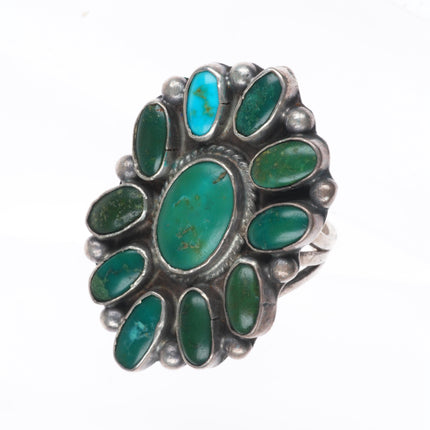 sz9.5 30's-40's Zuni sterling silver greasy green turquoise cluster ring