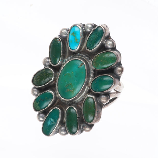 sz9.5 30's-40's Zuni sterling silver greasy green turquoise cluster ring