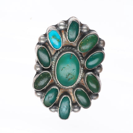 sz9.5 30's-40's Zuni sterling silver greasy green turquoise cluster ring