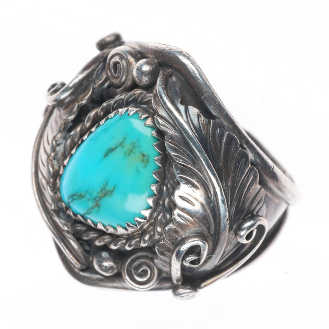 sz10.5 70's-80's Vintage Navajo sterling silver feather design turquoise ring