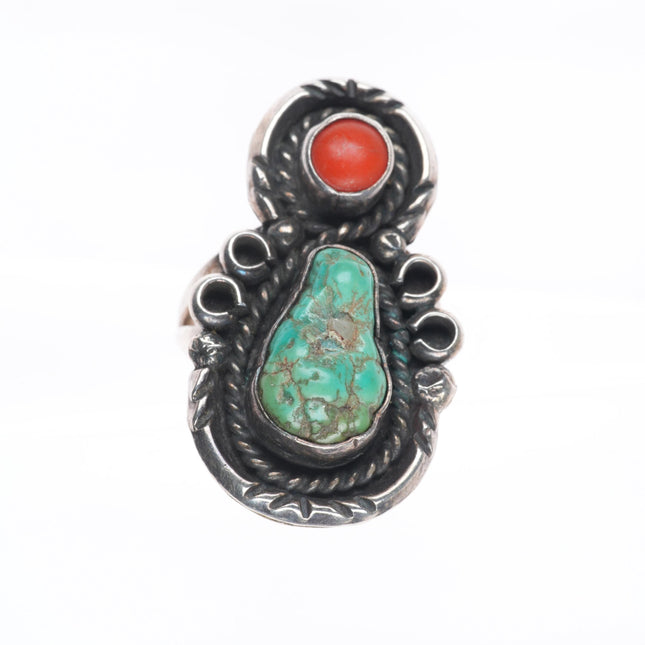 sz7 Vintage Navajo sterling silver turquoise/coral two stone ring